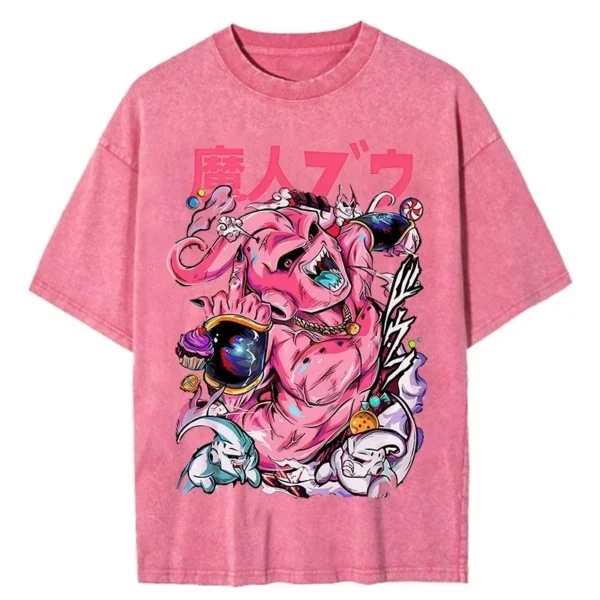 Japanese Anime Dragon Ball Print T Shirt Men Vintage Washed Tshirt Pink Short Sleeve Cotton Tops Tee Harajuku Hip Hop Streetwear